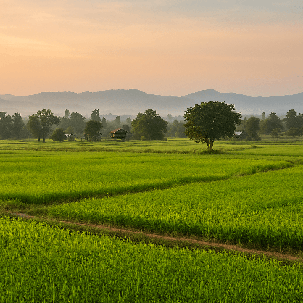 Scenic rice fields and rural landscape in Isan, Thailand at sunrise, capturing the authentic charm of off-the-beaten-path travel