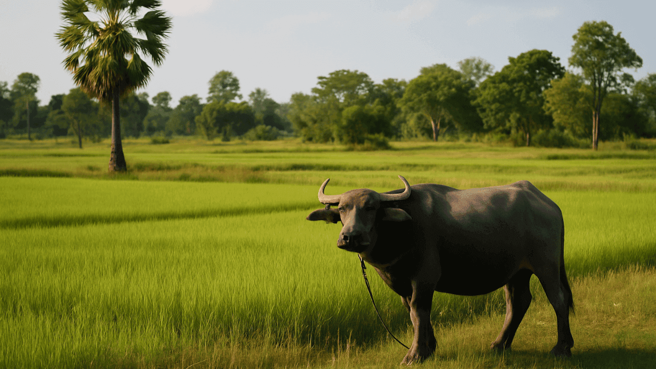 A water buffalo grazing in a lush rice field in rural Isan, Thailand